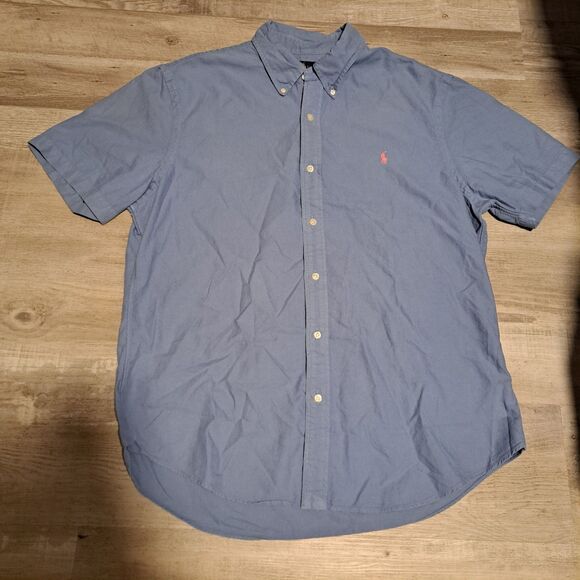 Ralph Lauren Button Down Shirt Men's XL Blue Short Sleeve Slim Fit Pink Pony - Picture 1 of 11
